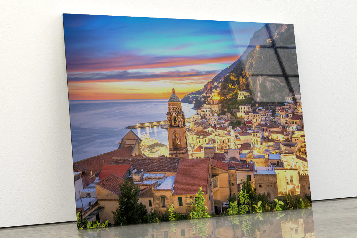 Blue & Orange Sky in Amalfi Coast Acrylic Glass Print Tempered Glass Wall Art 100% Made in Australia Ready to Hang