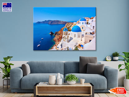 Yacht In the Coast of Santorini Print 100% Australian Made