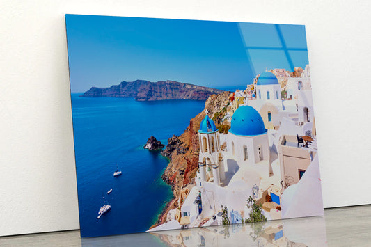 Yacht In the Coast of Santorini Acrylic Glass Print Tempered Glass Wall Art 100% Made in Australia Ready to Hang