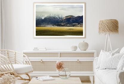 A Field with Mountains, Clouds, Snow, and Grass Home Decor Premium Quality Poster Print Choose Your Sizes