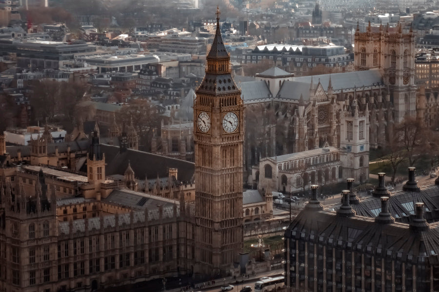 Aerial View Of Big Ben and London Cityscape, View from Above, Dramatic Sky Wall Art Decor 100% Australian Made