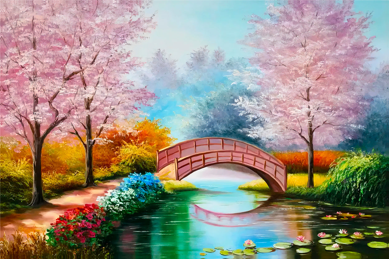 Pink Blossom Bridge Over the Lake Wall Art Decor 100% Australian Made