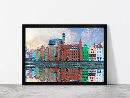 Colorful Buildings & Motlawa River Glass Framed Wall Art, Ready to Hang Quality Print Without White Border Black