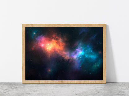 Nebulae On Illustrated Space Glass Framed Wall Art, Ready to Hang Quality Print Without White Border Oak