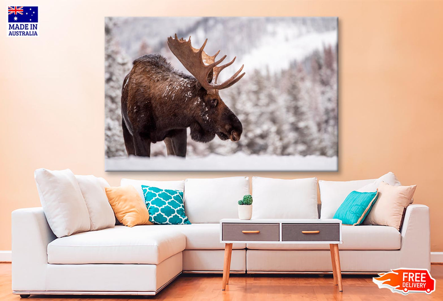 Bull Moose in Snow & Mountain Winter View Wall Art Decor 100% Australian Made