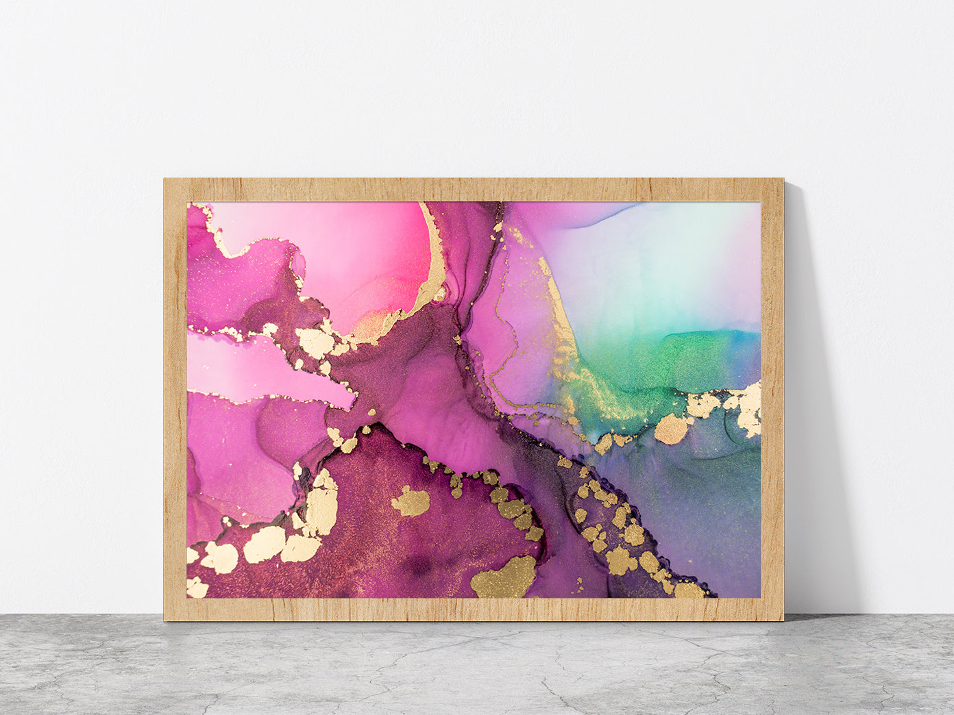 Pink & Gold Abstract Fluid Art Glass Framed Wall Art, Ready to Hang Quality Print Without White Border Oak