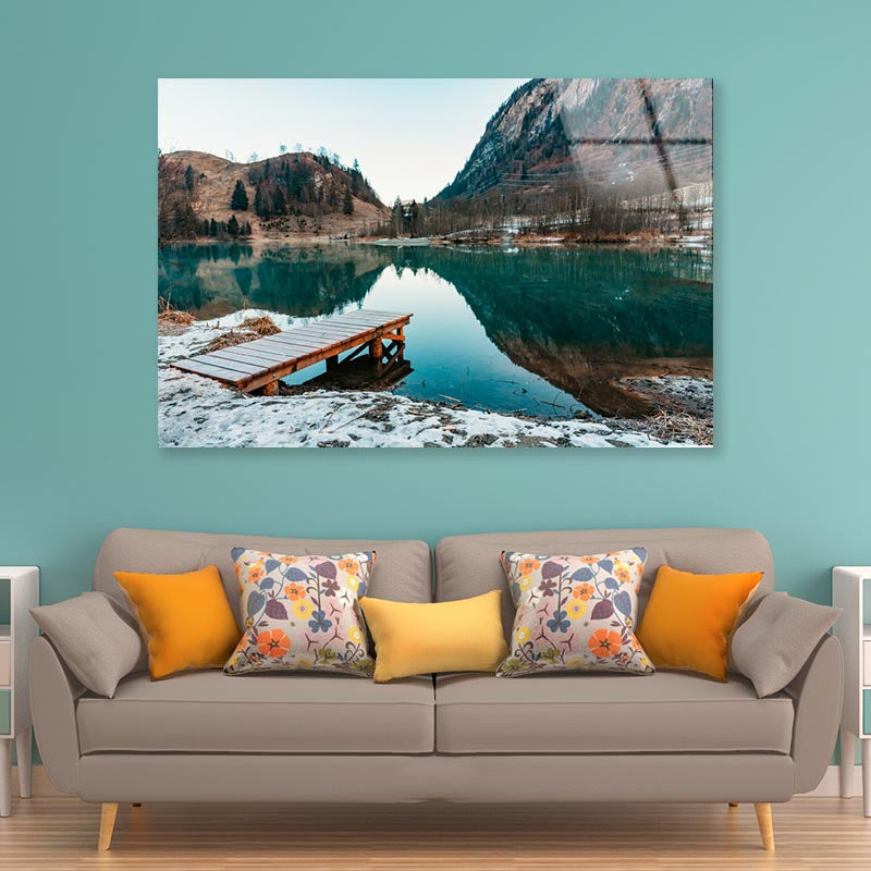 Mountain Lake Landscape & Wooden Pier Acrylic Glass Print Tempered Glass Wall Art 100% Made in Australia Ready to Hang