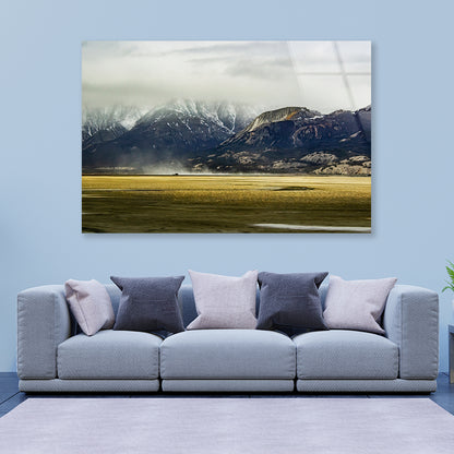 A Field with Mountains, Clouds, Snow, and Grass Acrylic Glass Print Tempered Glass Wall Art 100% Made in Australia Ready to Hang