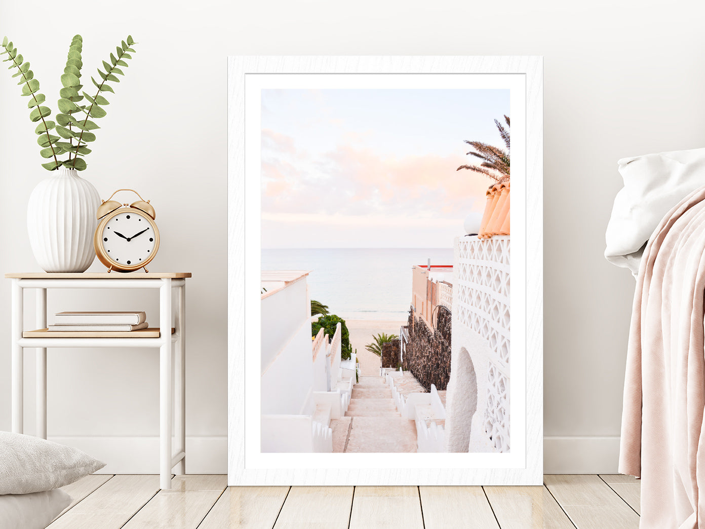 Stairs to Sea & House View Photograph Glass Framed Wall Art, Ready to Hang Quality Print With White Border White