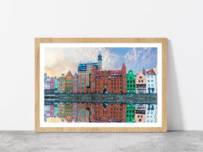 Colorful Buildings & Motlawa River Glass Framed Wall Art, Ready to Hang Quality Print With White Border Oak