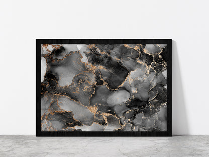 Alcohol Ink Grey & Gold Abstract Glass Framed Wall Art, Ready to Hang Quality Print Without White Border Black