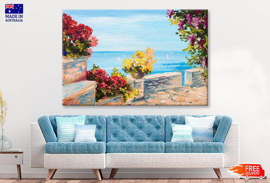 Terrace Near The Sea With Flowers Garden Oil Painting Wall Art Limited Edition High Quality Print