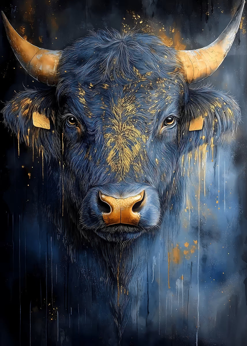 Abstract Gold Horn Blue Bull 60x90cm Metal Print Ready to Hang