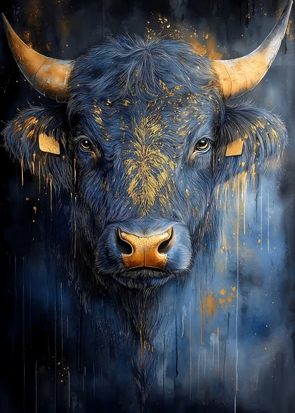 Abstract Gold Horn Blue Bull 60x90cm Metal Print Ready to Hang