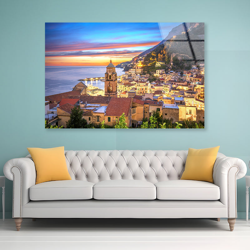 Blue & Orange Sky in Amalfi Coast Acrylic Glass Print Tempered Glass Wall Art 100% Made in Australia Ready to Hang