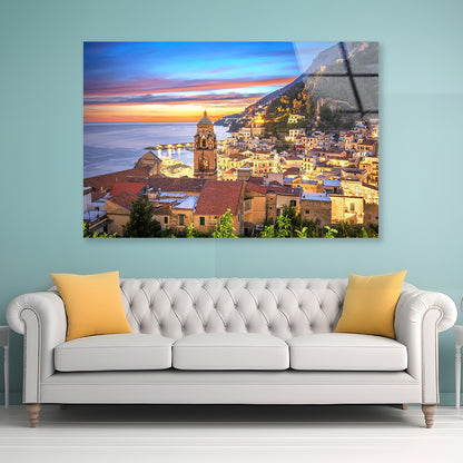 Blue & Orange Sky in Amalfi Coast Acrylic Glass Print Tempered Glass Wall Art 100% Made in Australia Ready to Hang