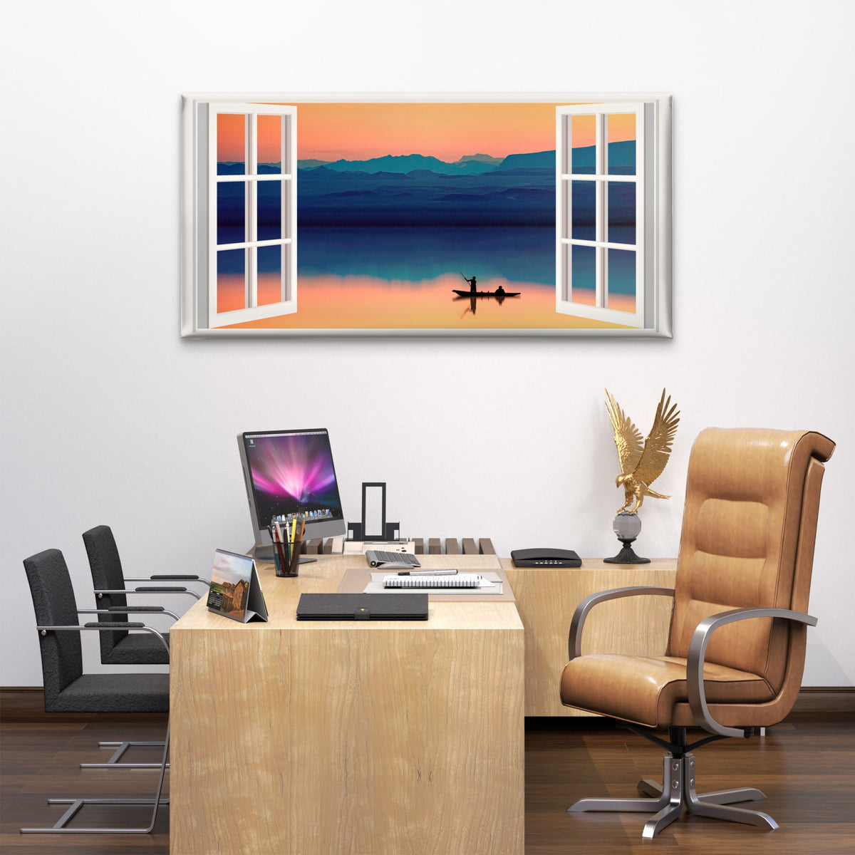 Sunset Lake Boat Silhouette Wall Art Canvas Office Home Room Framed 120x60cm