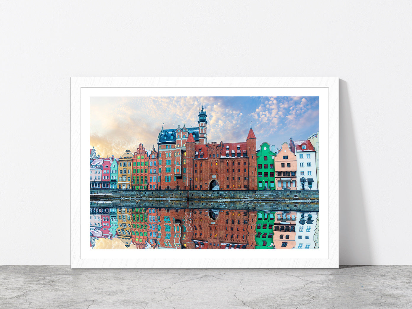 Colorful Buildings & Motlawa River Glass Framed Wall Art, Ready to Hang Quality Print With White Border White