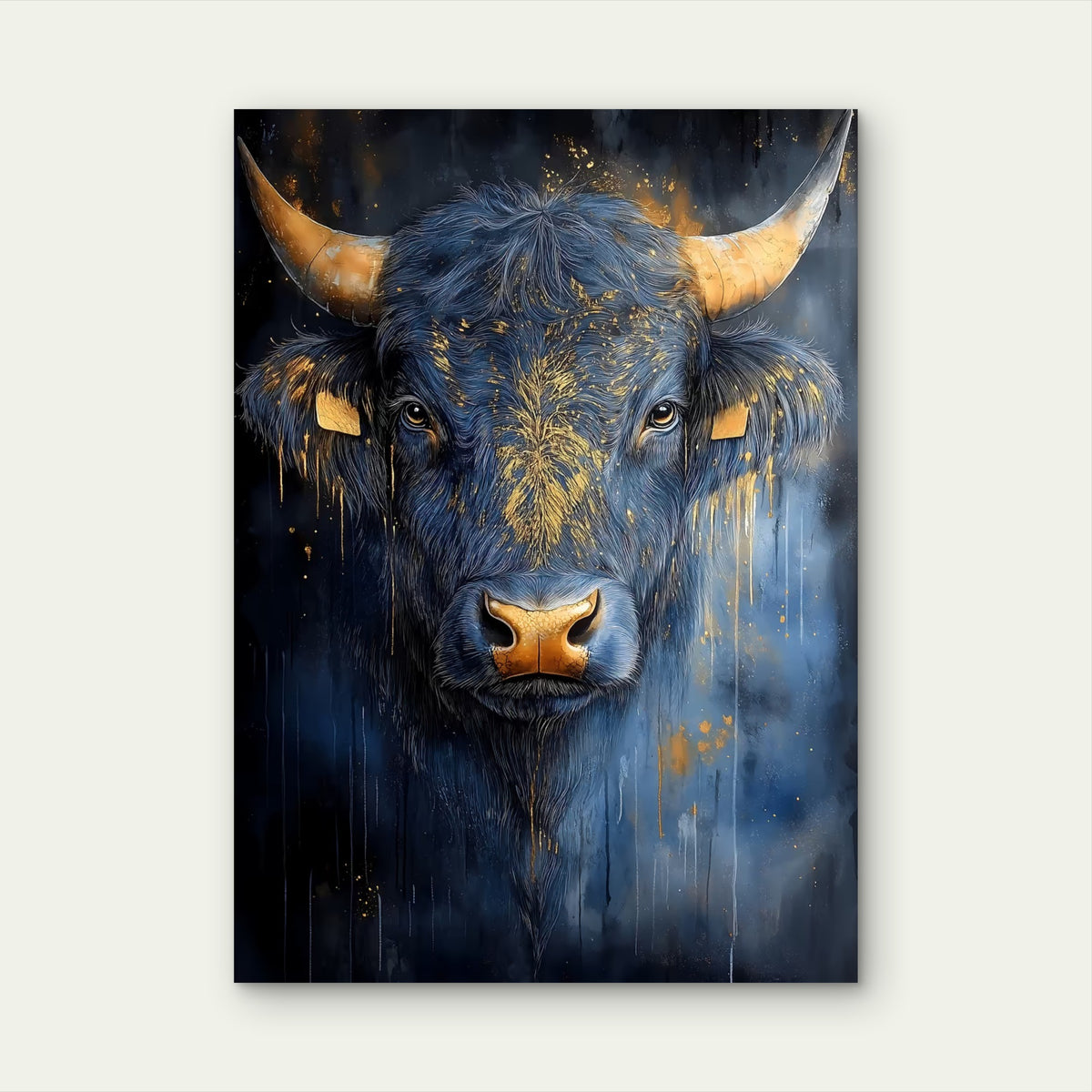 Abstract Gold Horn Blue Bull 60x90cm Metal Print Ready to Hang
