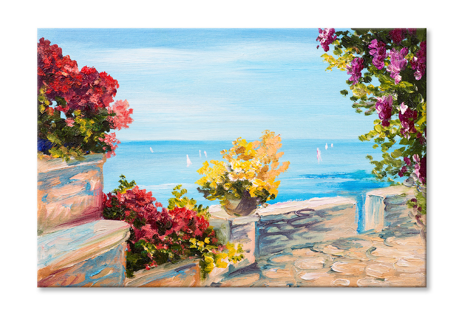 Terrace Near The Sea With Flowers Garden Oil Painting Wall Art Limited Edition High Quality Print Stretched Canvas None