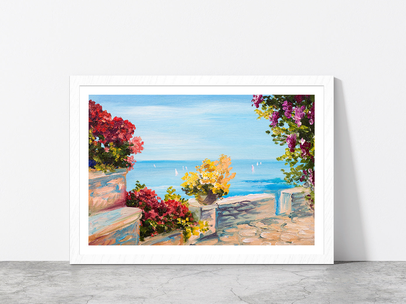 Terrace Near The Sea With Flowers Garden Glass Framed Wall Art, Ready to Hang Quality Print With White Border White