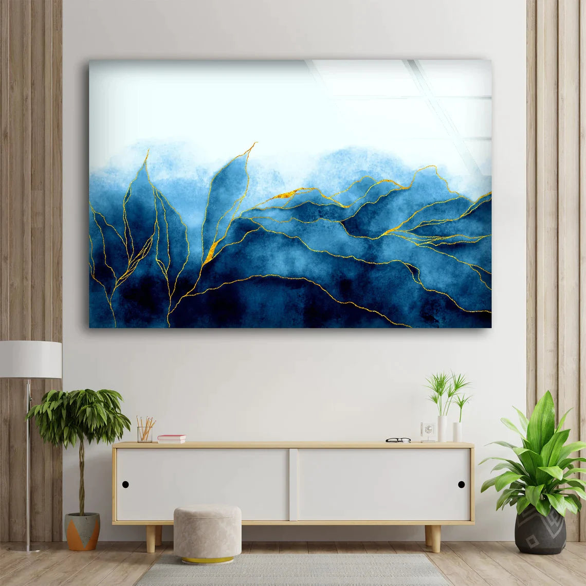 Blue Gold Line Abstract UV Direct Aluminum Print Australian Made Quality