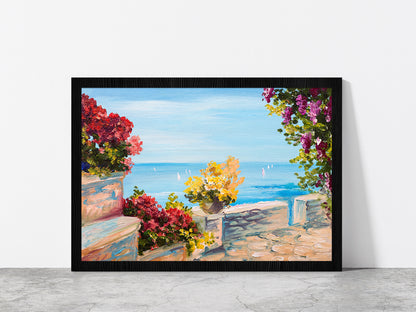 Terrace Near The Sea With Flowers Garden Glass Framed Wall Art, Ready to Hang Quality Print Without White Border Black