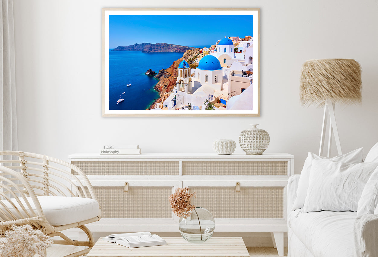 Yacht In the Coast of Santorini Home Decor Premium Quality Poster Print Choose Your Sizes