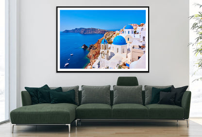 Yacht In the Coast of Santorini Home Decor Premium Quality Poster Print Choose Your Sizes