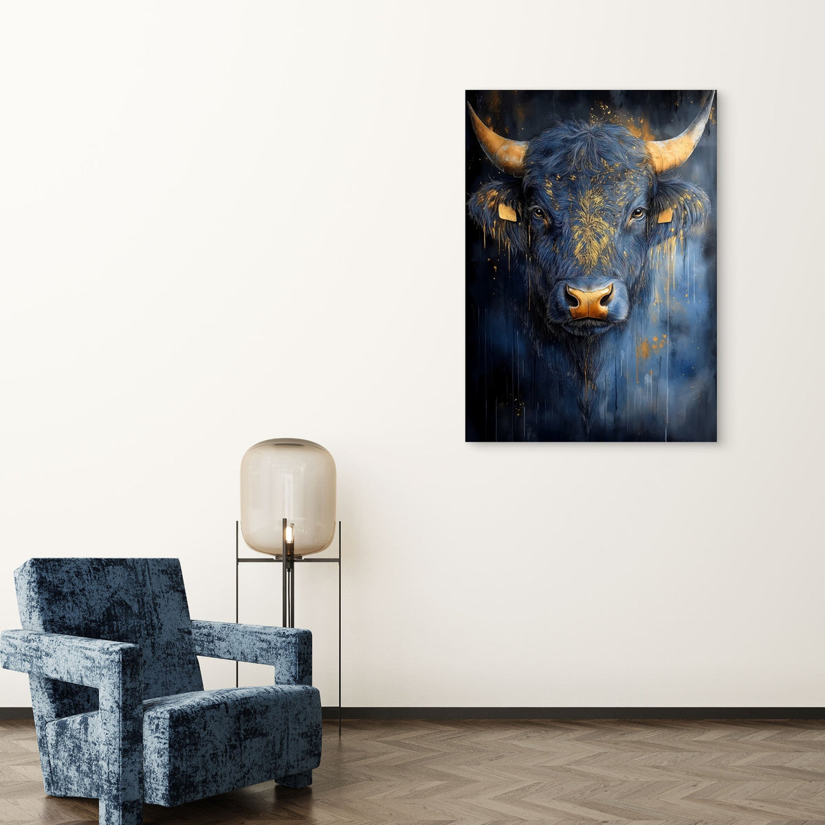 Abstract Gold Horn Blue Bull 60x90cm Metal Print Ready to Hang