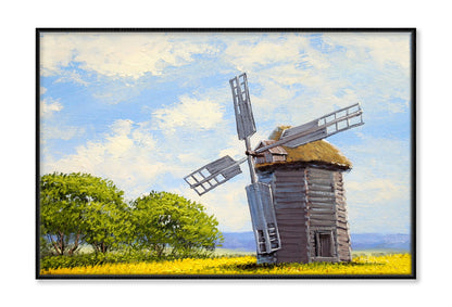 Green Trees near Windmill & Cloudy Sky Oil Painting Wall Art Limited Edition High Quality Print Canvas Box Framed Black