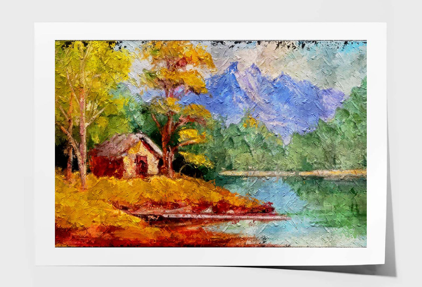 Fragment of Vintage Oil Painting Depicting a Small Cabin House near A Lake and Woods Wall Art Limited Edition High Quality Print