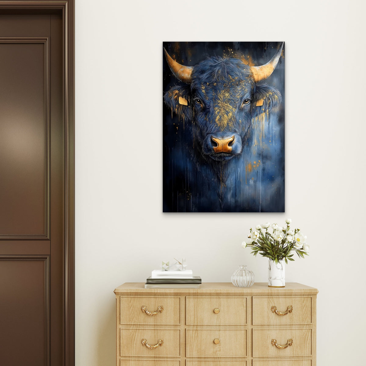 Abstract Gold Horn Blue Bull 60x90cm Metal Print Ready to Hang