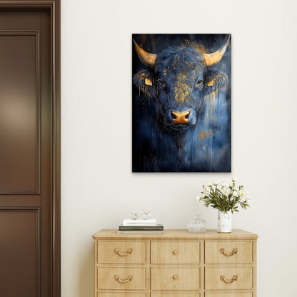 Abstract Gold Horn Blue Bull 60x90cm Metal Print Ready to Hang