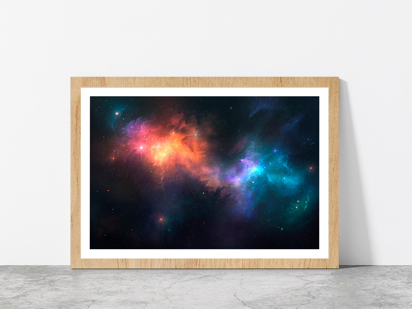 Nebulae On Illustrated Space Glass Framed Wall Art, Ready to Hang Quality Print With White Border Oak