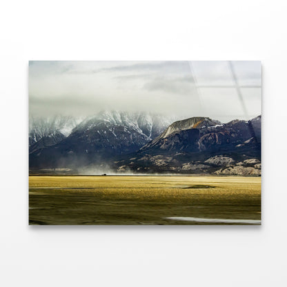 A Field with Mountains, Clouds, Snow, and Grass Acrylic Glass Print Tempered Glass Wall Art 100% Made in Australia Ready to Hang