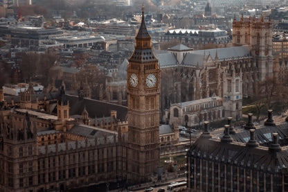 Aerial View Of Big Ben and London Cityscape, View from Above, Dramatic Sky Home Decor Premium Quality Poster Print Choose Your Sizes