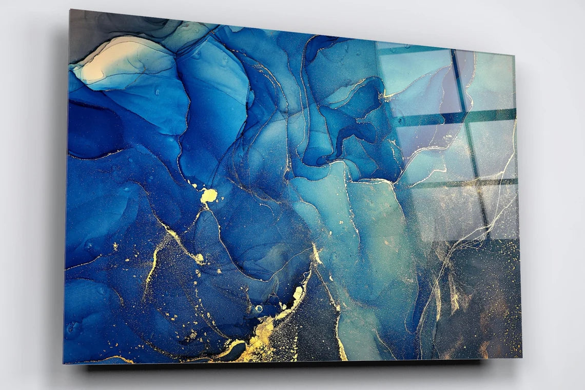 Blue & Gold Abstract Art Acrylic Glass Print Tempered Glass Wall Art 100% Made in Australia Ready to Hang