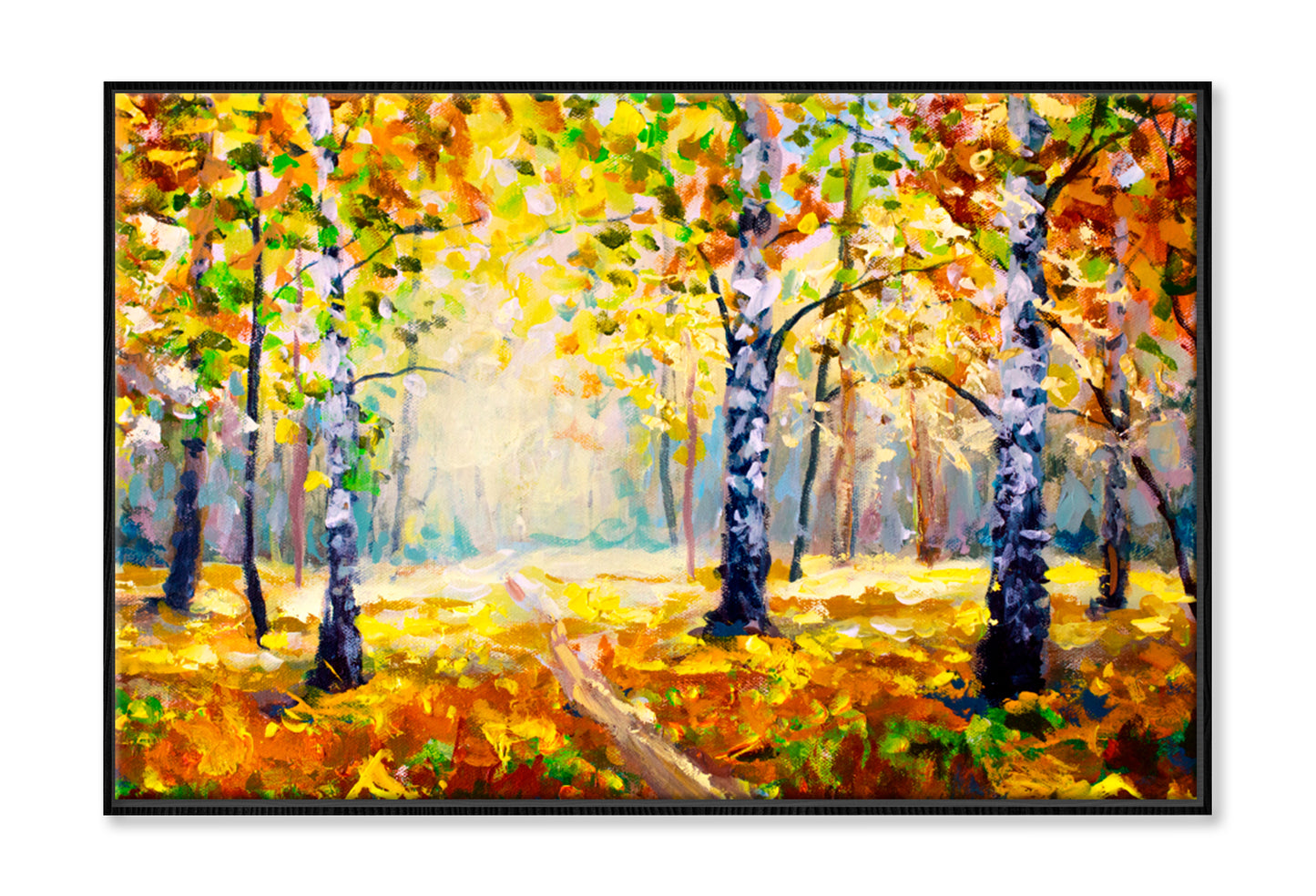 White Birch Trees In Autumn Forest Oil Painting Wall Art Limited Edition High Quality Print Canvas Box Framed Black