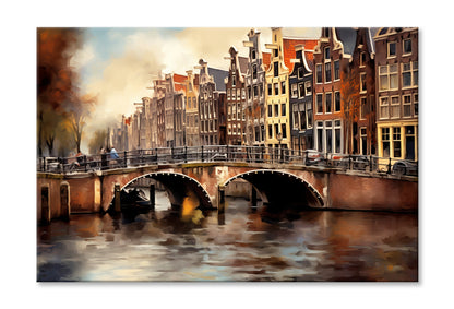 Amsterdam Houses & Bridge Oil Painting Wall Art Limited Edition High Quality Print Stretched Canvas None