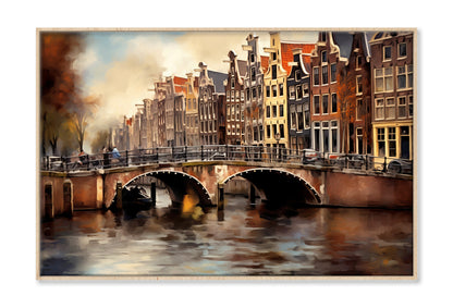 Amsterdam Houses & Bridge Oil Painting Wall Art Limited Edition High Quality Print Canvas Box Framed Natural