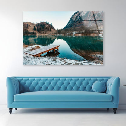 Mountain Lake Landscape & Wooden Pier Acrylic Glass Print Tempered Glass Wall Art 100% Made in Australia Ready to Hang