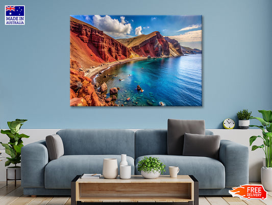 Lake with a Rocky Shoreline, Sky in Greece Print 100% Australian Made