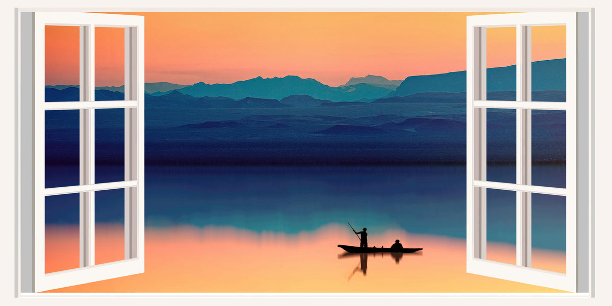 Sunset Lake Boat Silhouette Wall Art Canvas Office Home Room Framed 120x60cm