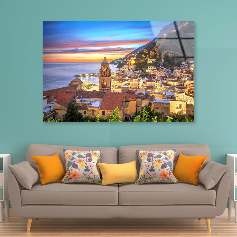 Blue & Orange Sky in Amalfi Coast Acrylic Glass Print Tempered Glass Wall Art 100% Made in Australia Ready to Hang