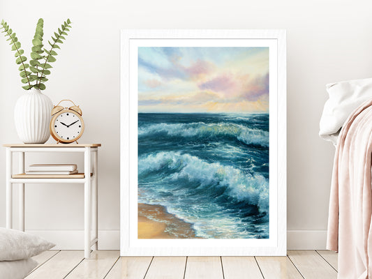 Ocean Beach Waves Watercolor Oil Painting Glass Framed Wall Art, Ready to Hang Quality Print With White Border White