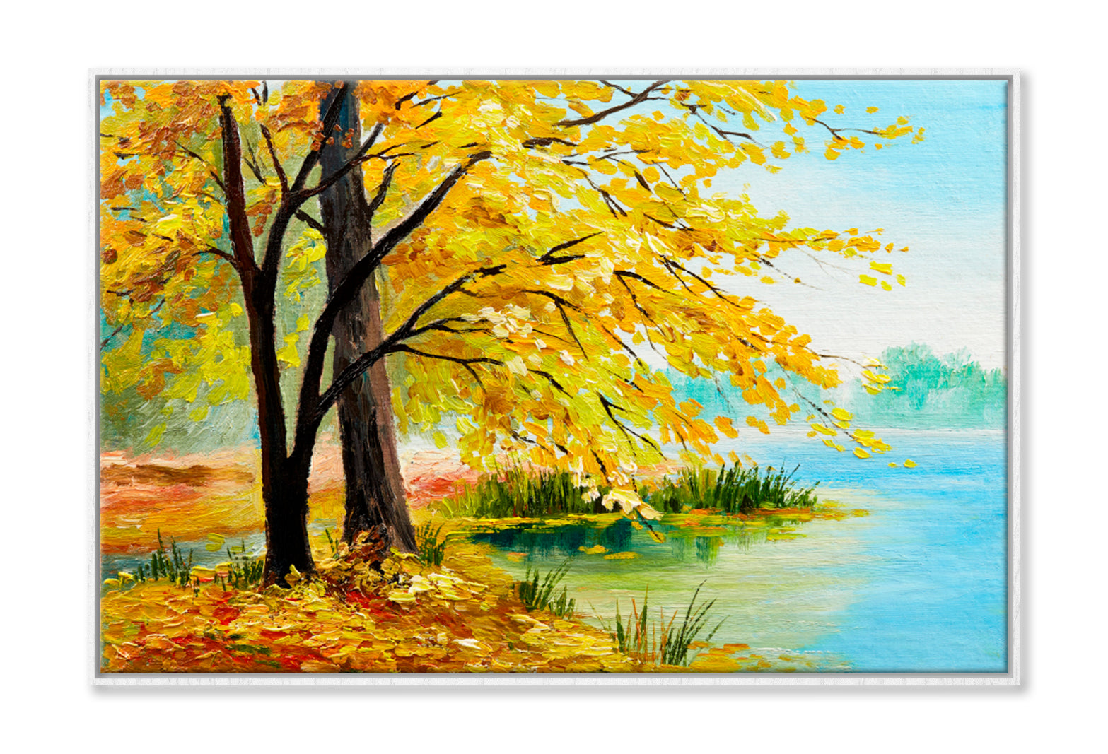 Colorful Autumn Forest & Lake Oil Painting Limited Edition High Quality Print Canvas Box Framed White