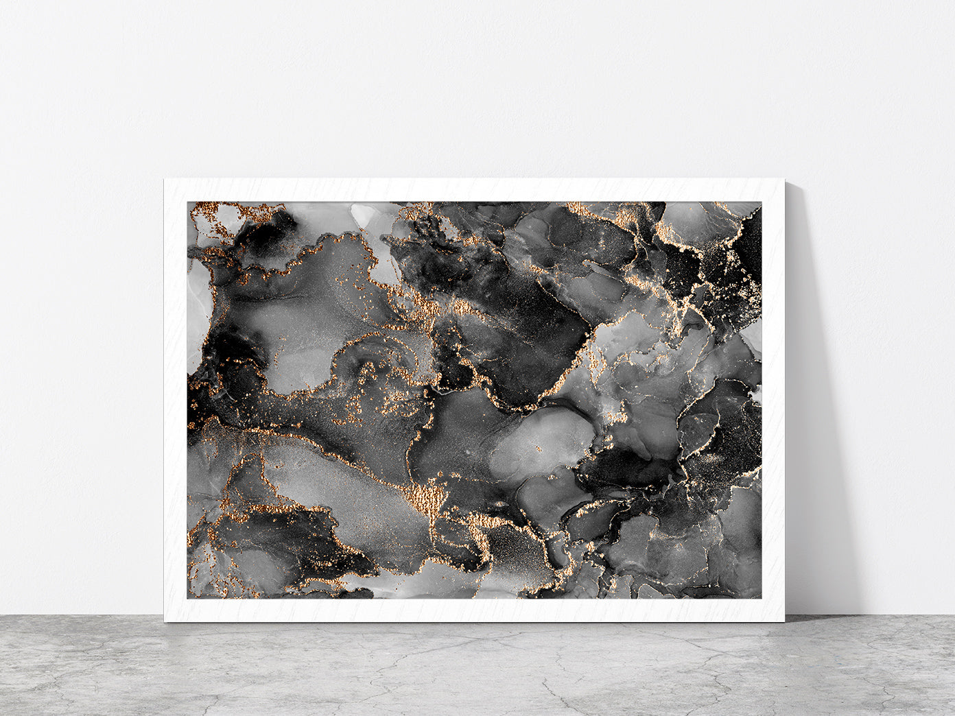 Alcohol Ink Grey & Gold Abstract Glass Framed Wall Art, Ready to Hang Quality Print Without White Border White