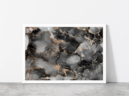 Alcohol Ink Grey & Gold Abstract Glass Framed Wall Art, Ready to Hang Quality Print Without White Border White