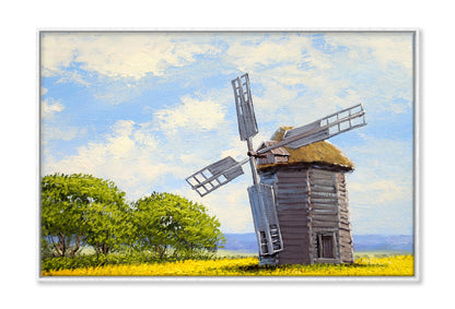 Green Trees near Windmill & Cloudy Sky Oil Painting Wall Art Limited Edition High Quality Print Canvas Box Framed White